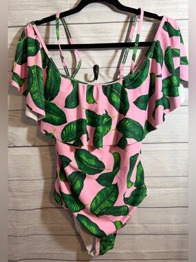 Off-Brand Pink Tropical Leaf One-Piece Swimsuit